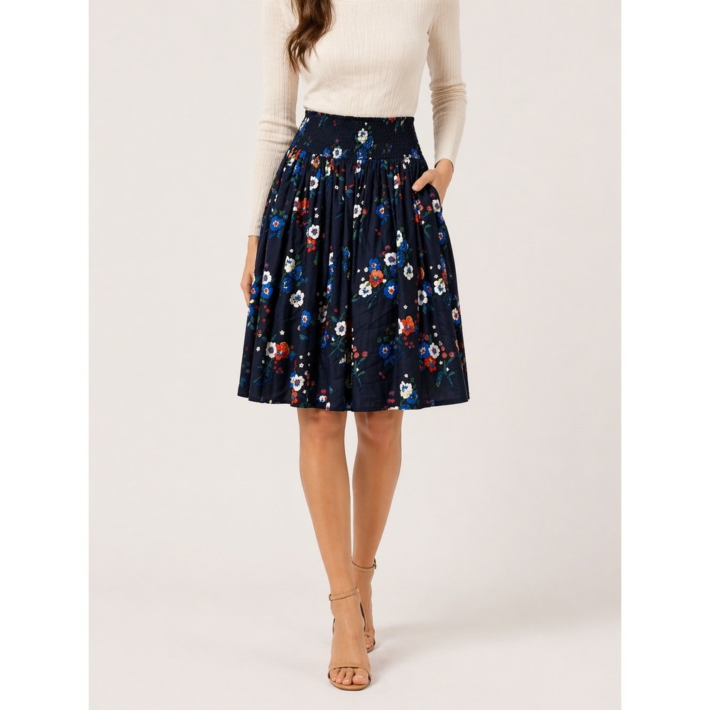 Tory Burch Silk Wool Blaire Pansy Bouquet Floral Skirt Navy Smocked Pockets Sz14